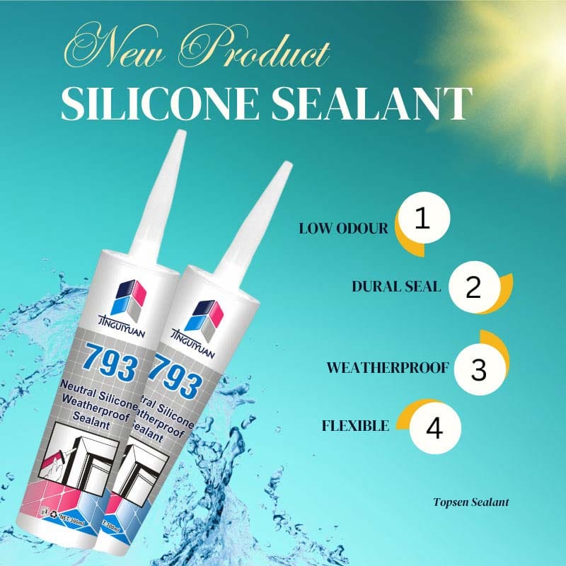 Sellador de silicona neutra Topsen 793 utilizado para sellar y pegar en construcción interior.